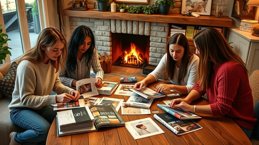 Three women host a vision board party by the fireplace.