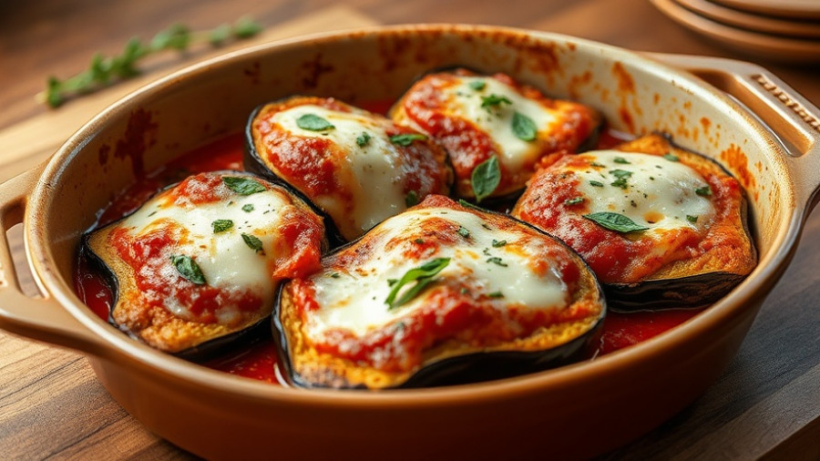 Delicious eggplant parmesan recipe in a baking dish with mozzarella.