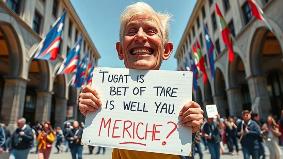 No Kings protests with exaggerated satirical figure and humorous sign.