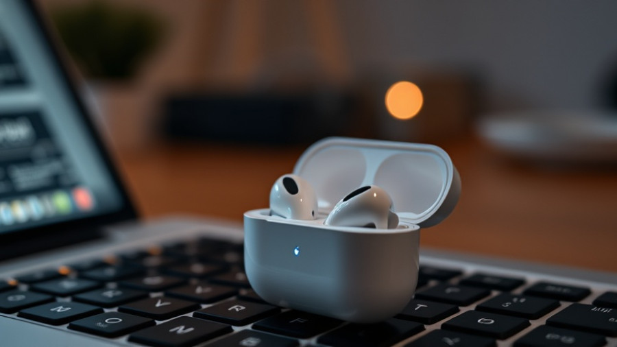 AirPods Pro 3 in open case on keyboard, modern tech scene.