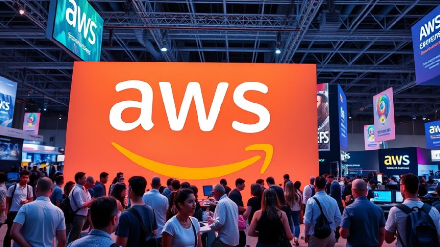 AWS sign at tech conference with vibrant lighting and attendees.