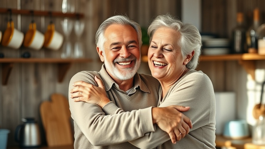 Joyful senior couple embracing in a cozy kitchen, thriving marriage.