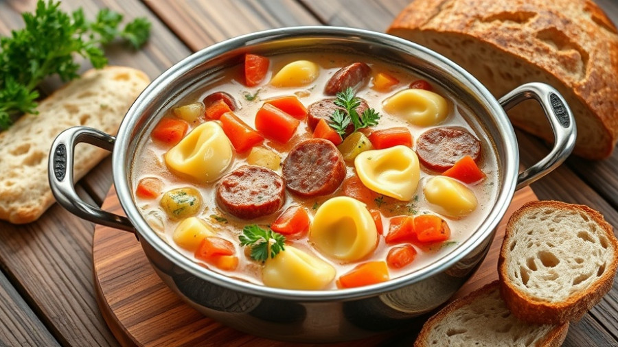 Creamy tortellini soup recipe with sausage and veggies in a pot.