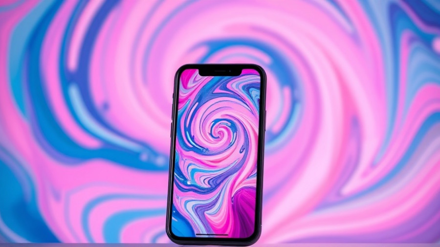 Modern iPhone with abstract pink-blue background, renewed under $600.