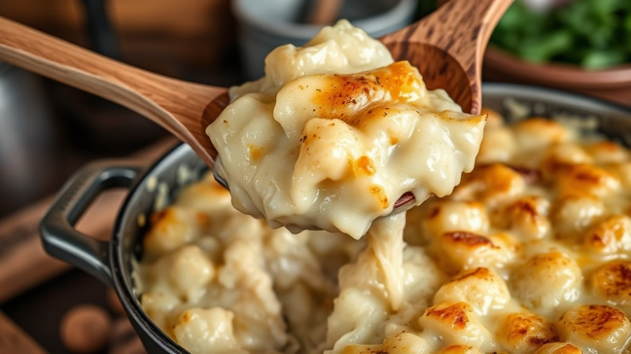Delicious quick scalloped potatoes in a baking dish with a wooden spoon, vibrant colors.