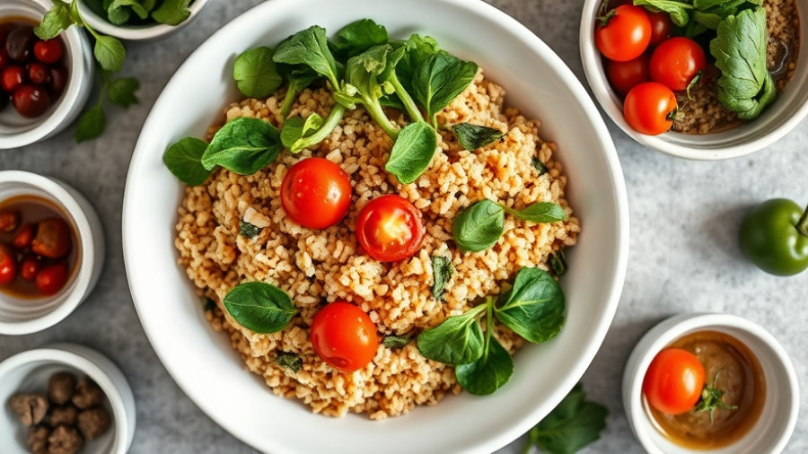 Vibrant Mediterranean quinoa bowl on white plate with greens and tomatoes.