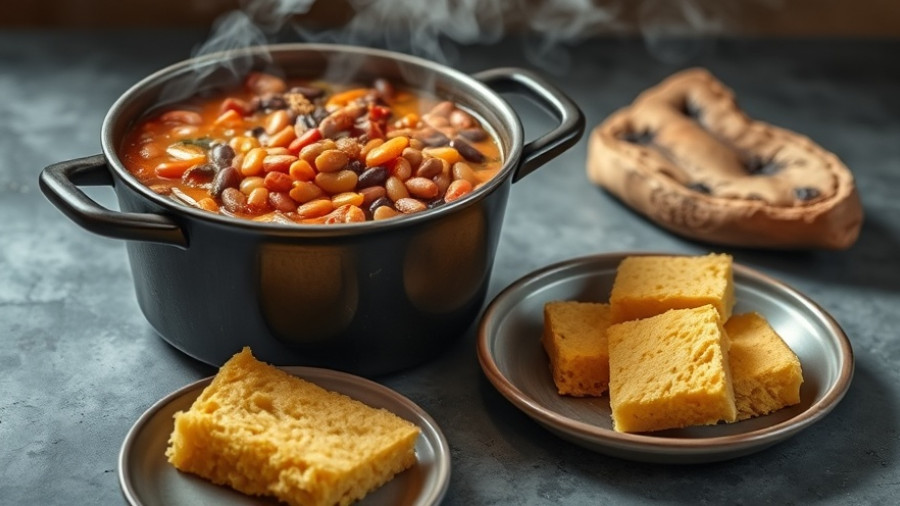 Delicious pork and beans recipe in a pot with cornbread.