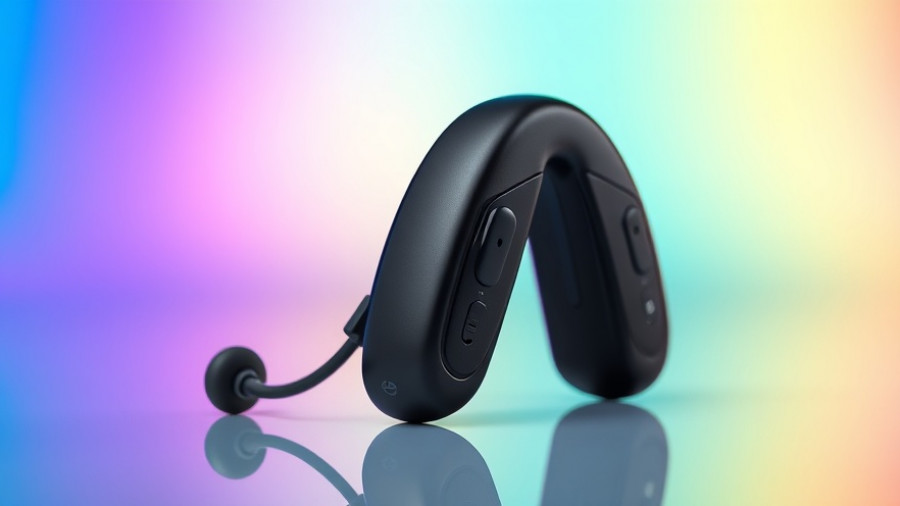 Sleek black custom hearing aids on a colorful gradient.