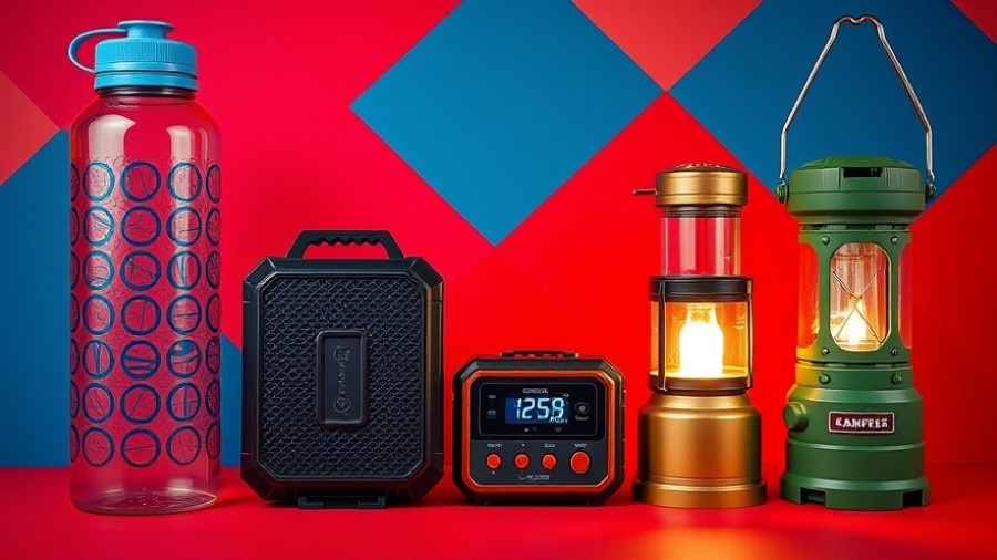 Essential emergency kit items including water filter, power station, lantern.