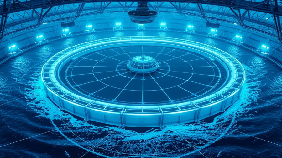 Futuristic ocean energy storage facility with circular structure.