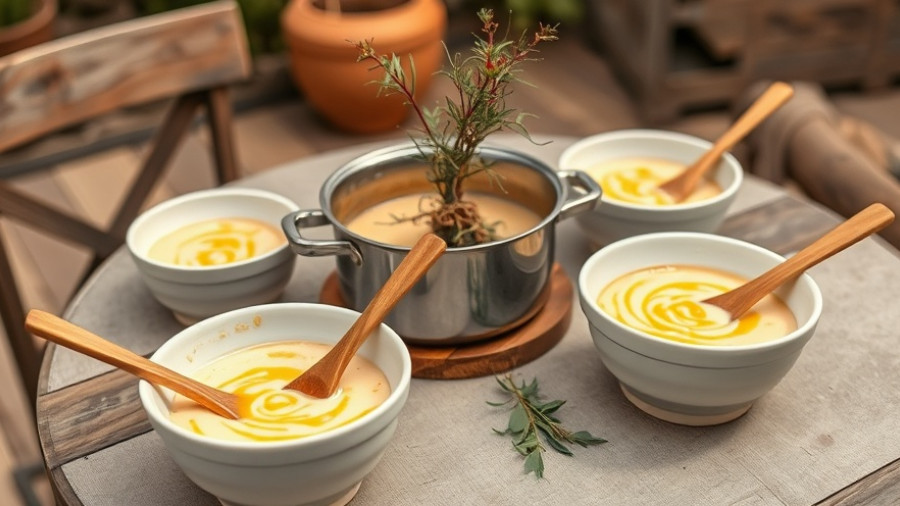 Elegant soup party table setting with bowls and pot.