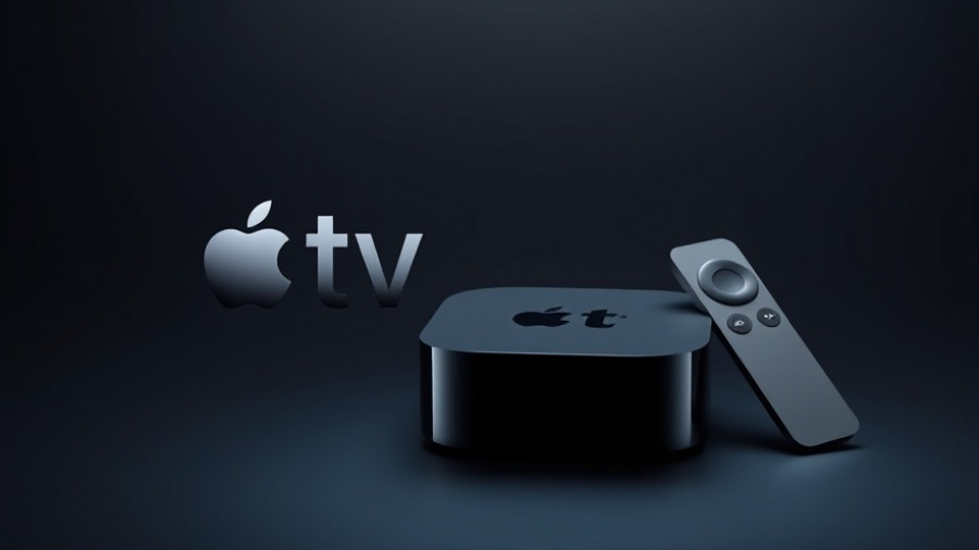 Apple TV logo and device on gradient background, representing Apple interest in acquiring Warner Bros.
