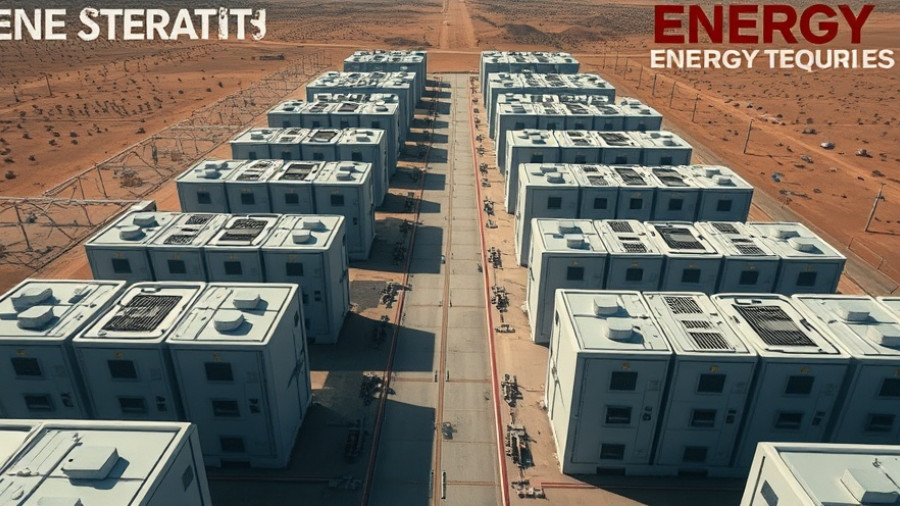 Modern energy storage facility in desert landscape.