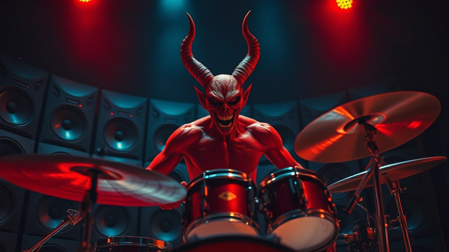 Demon drummer in a speaker room from Tenacious D Pick of Destiny cult classic.