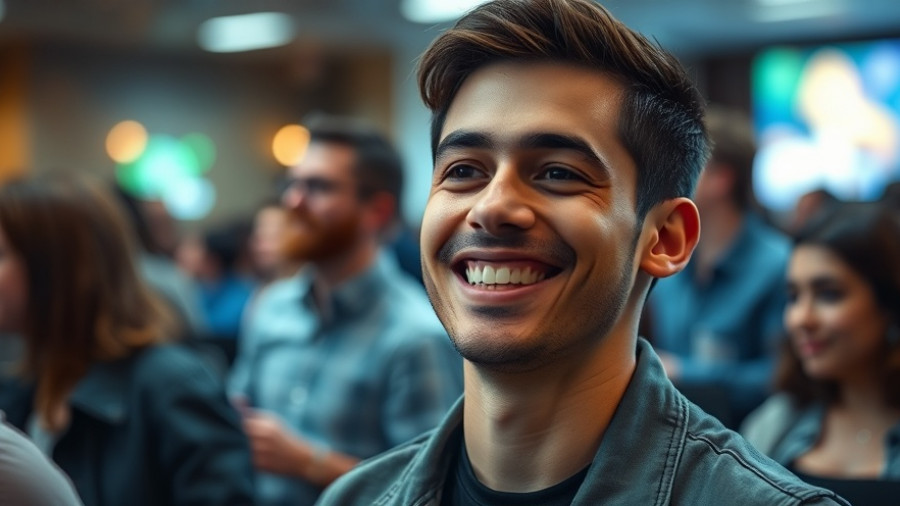 Smiling young man at an event, embodying NBA fan engagement strategies.