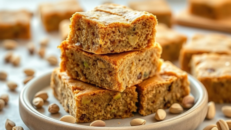 Brown Butter Pistachio Blondies stacked on a plate.
