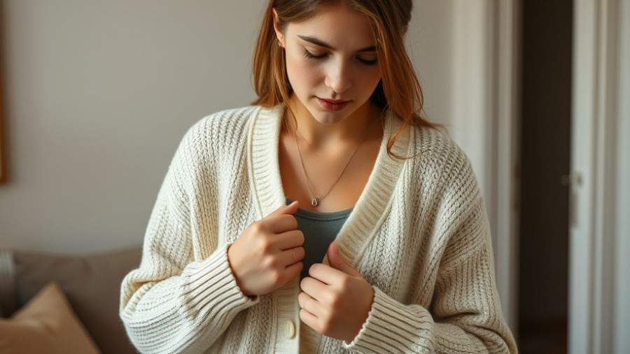 Young woman buttoning a cream cardigan inside.