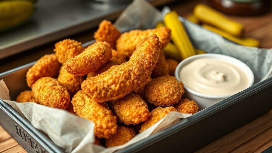 Crispy fried pickles with dipping sauce on a tray.