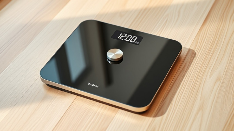 Apple Health integration smart scale showing weight on wooden floor.