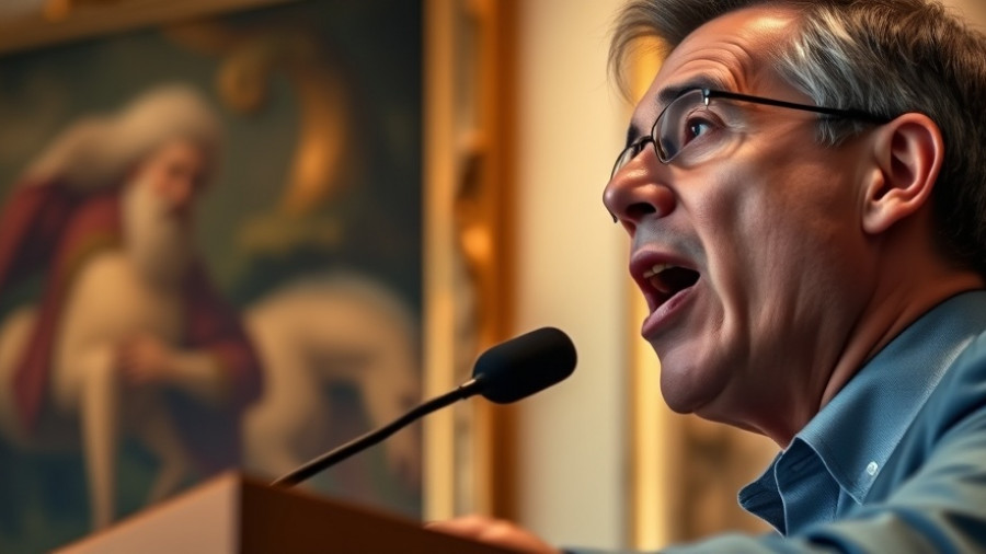 Speaker at a podium discussing Trump's White House ballroom funding.