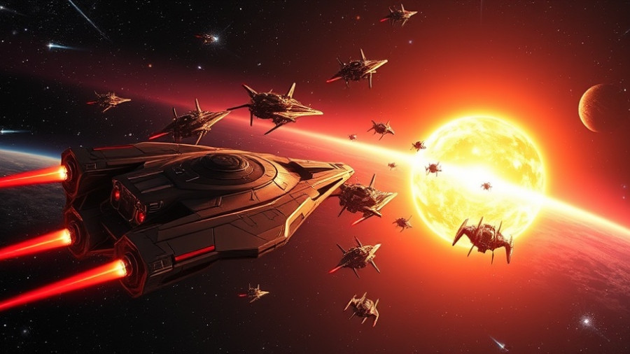 Epic space battle scene with futuristic ships near a sun.