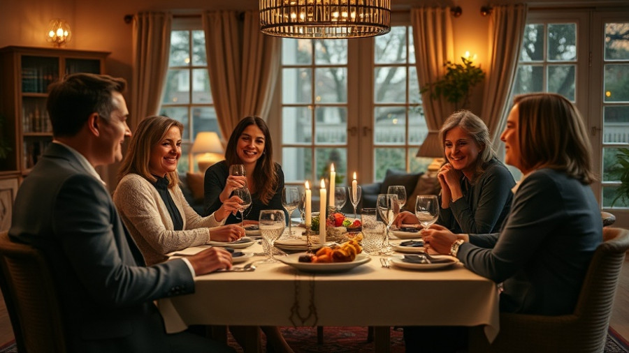 Cozy monthly dinner party with friends in stylish living room.