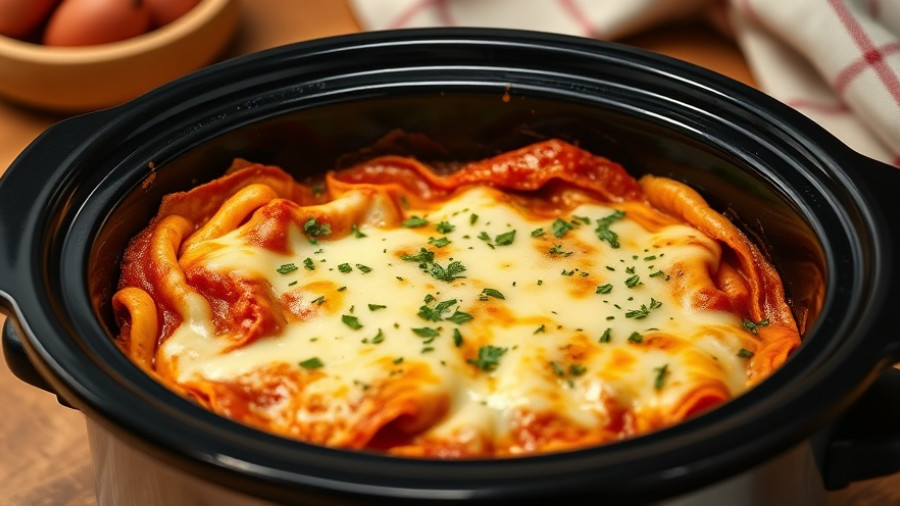 Crockpot lasagna recipe showing cheesy lasagna in a slow cooker.