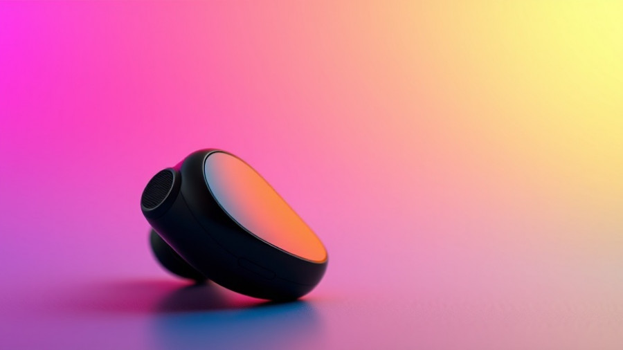 Sleek black wireless earbuds with vibrant gradient background.