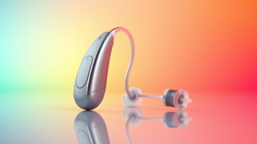 Sleek modern hearing aids with a colorful gradient background, Best OTC Hearing Aids 2025.