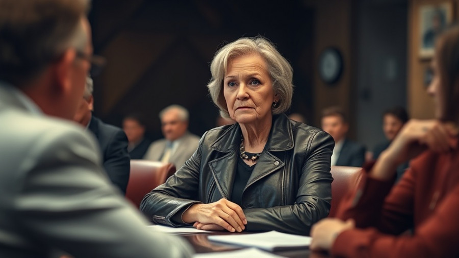 Serious older woman at formal meeting, blurred foreground focus.