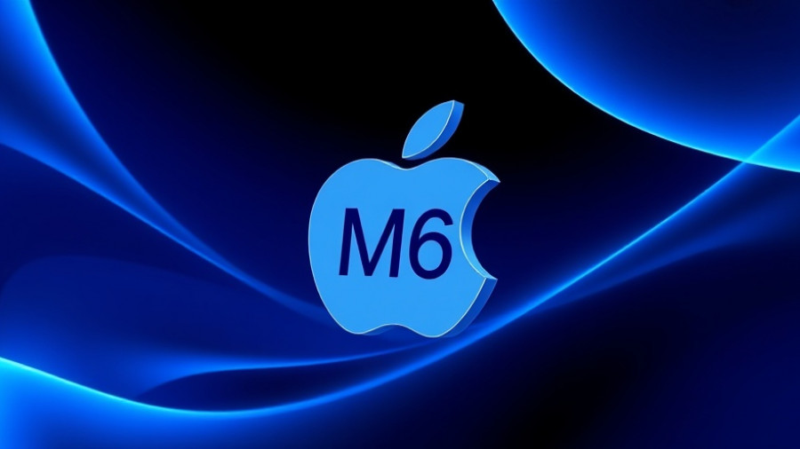 Futuristic Apple M6 logo illustration with digital gradient background.