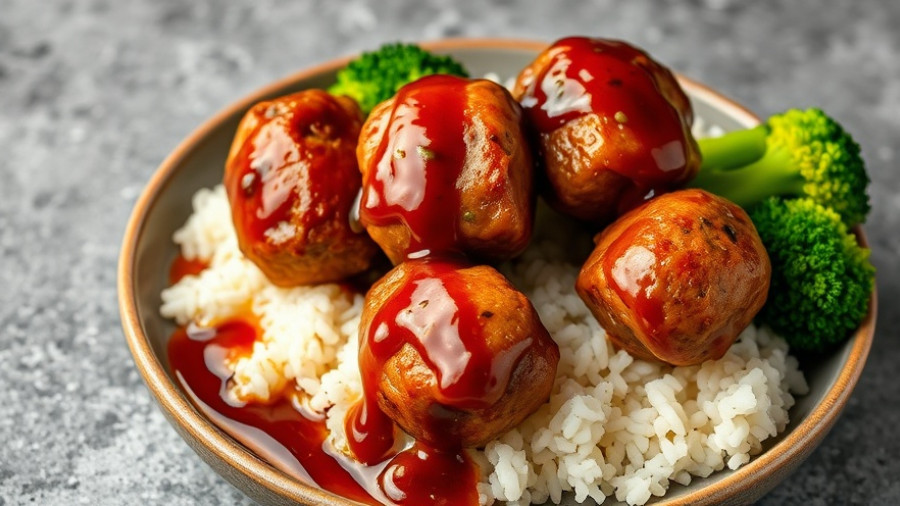 Easy Teriyaki Meatballs with rice and broccoli, served in a bowl.