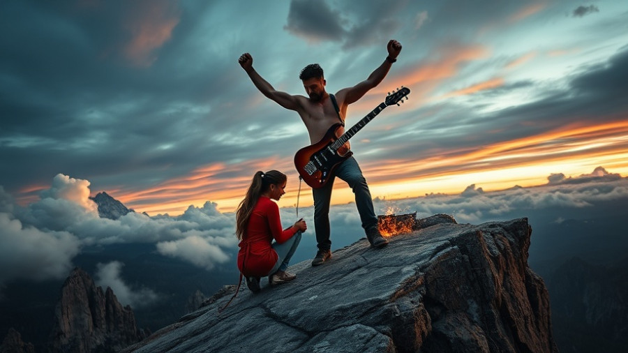 Deathgasm 2 epic metal scene with rocker on mountain.