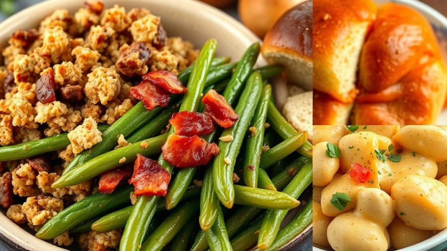 Array of Thanksgiving side dishes with stuffing, green beans, rolls, and cheesy potatoes.