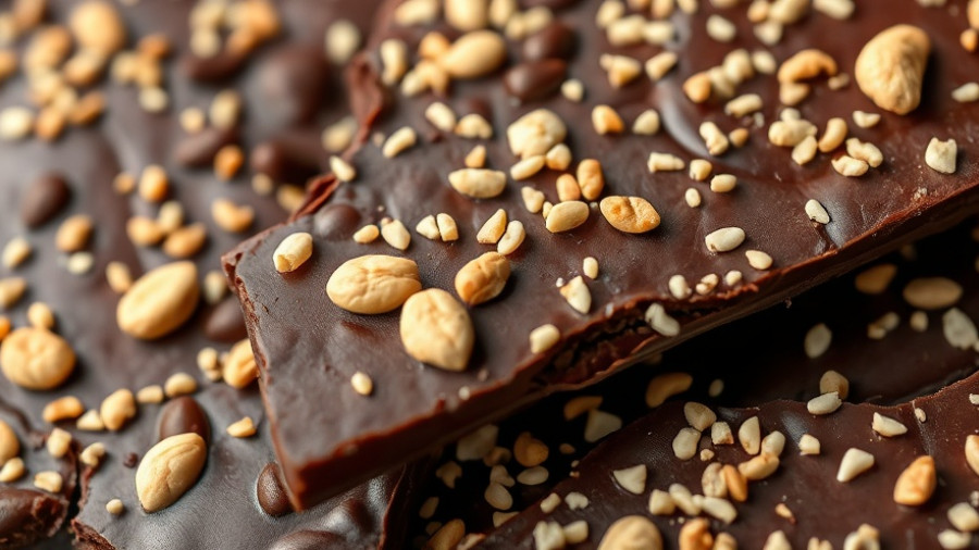 Puffed quinoa chocolate bark with peanuts and sesame seeds.