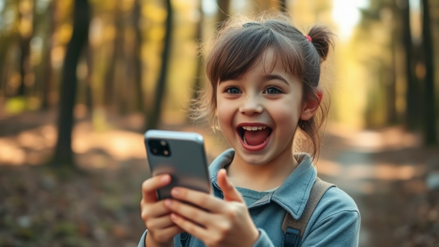 Young girl using smartphone in sunny forest, Meta and TikTok implications.