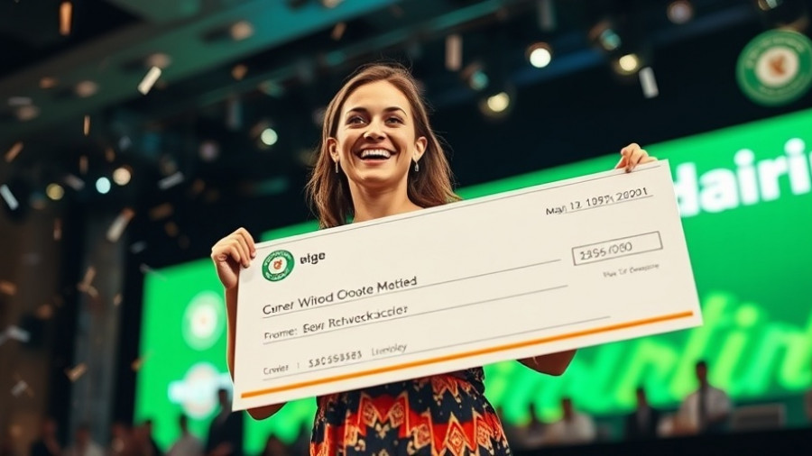 Triumphant woman holding award check at 2025 Startup Battlefield, conference setting.