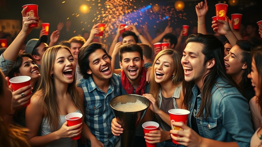 Energetic party scene at a movie sequel with lively crowd