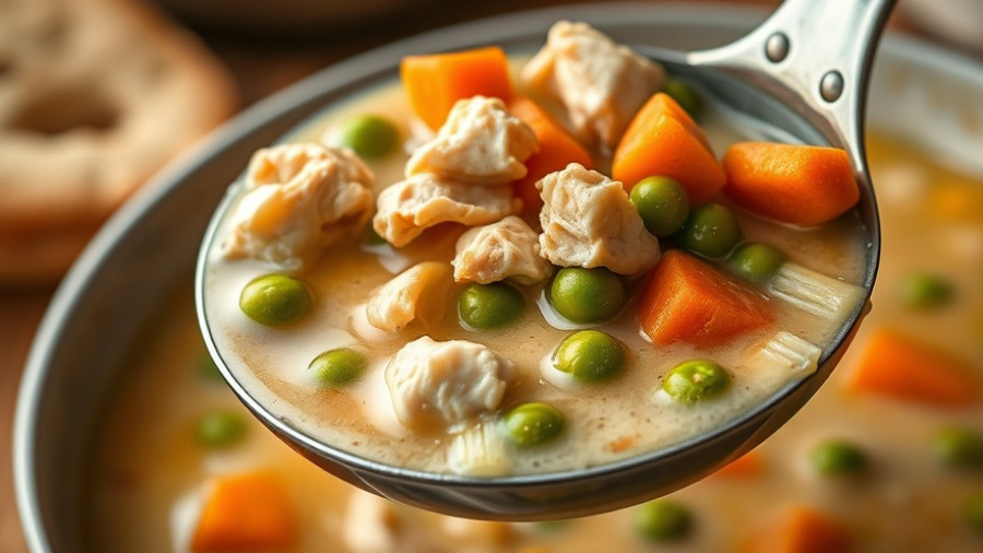 Creamy chicken pot pie soup with vegetables in a ladle.