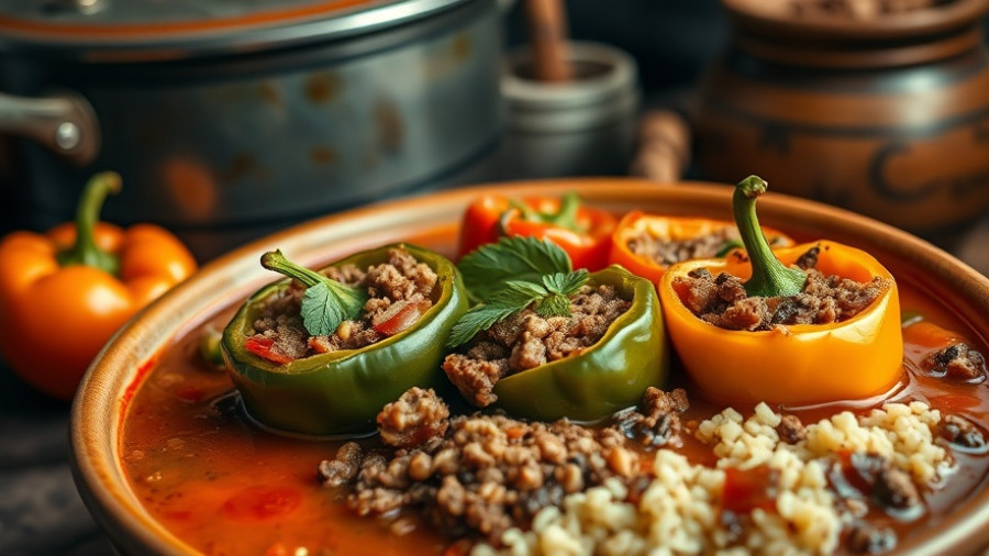 Hearty stuffed pepper soup with meat, vegetables in pot.