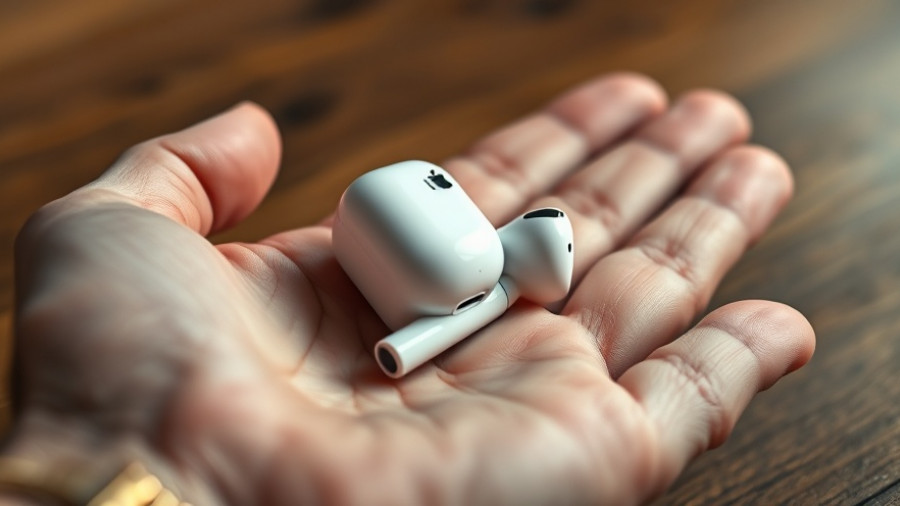Apple AirPods Pro held in hand against wooden background.