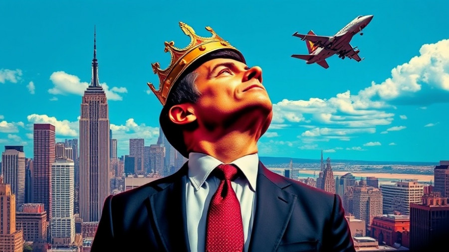 Pop art style crowned man with city and jet, Donald Trump AI Slop