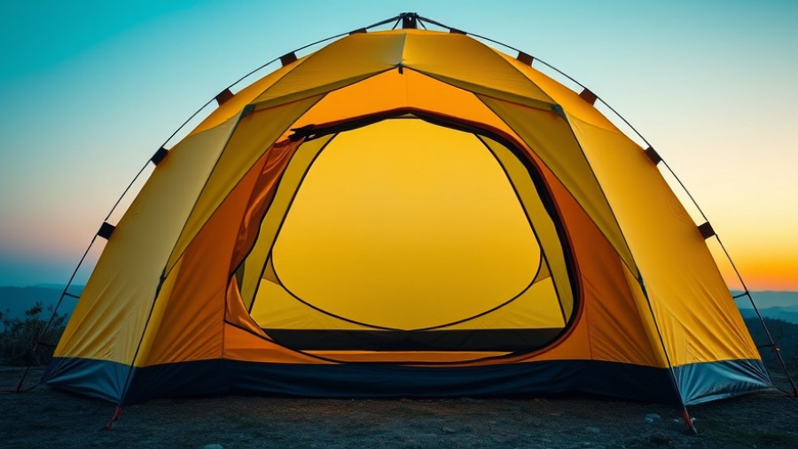 Modern yellow camping tent, open entrance vibrant gradient background.