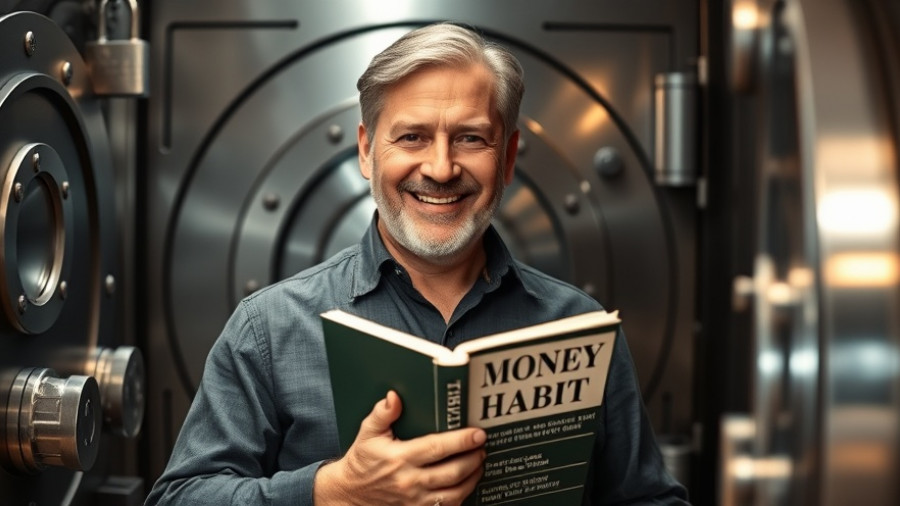 Middle-aged man in vault holding book about how to save money.