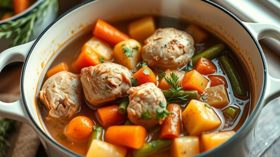 Delicious chicken and vegetable stew recipe in a pot.