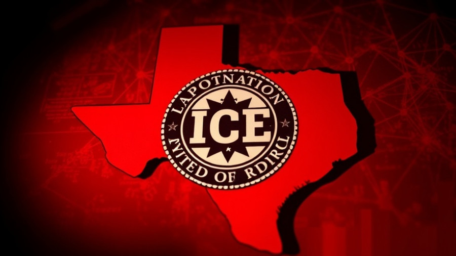 ICE badge and Texas map in red and black, shadow deportation network theme.
