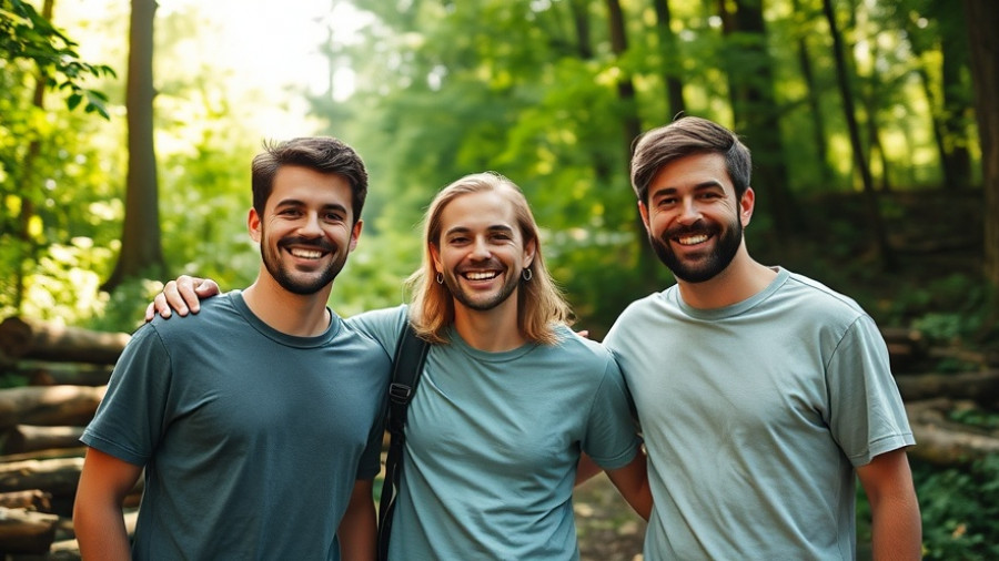 Three friends enjoying nature in a serene forest setting.