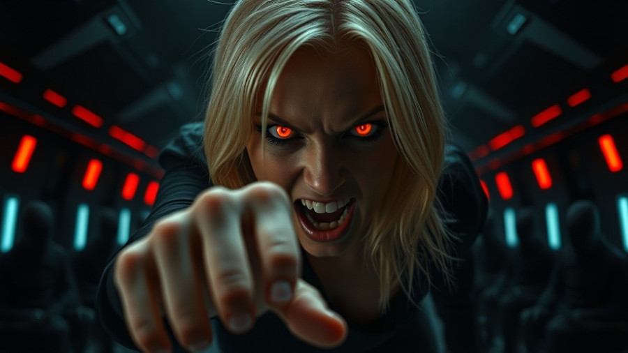 Dramatic scene of woman with glowing eyes in futuristic setting; You’ve been warned.