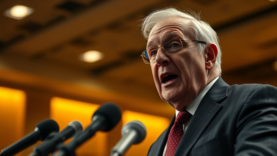 Elderly man speaking passionately indoors with trade implications.