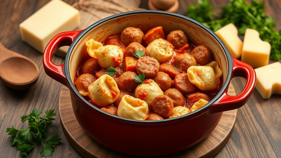 One pot Italian sausage tortellini bake with cheese and herbs.